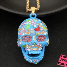 Fashion Women Blue Rhinestone Cute Enamel Love Skull Pendant Chain Necklace