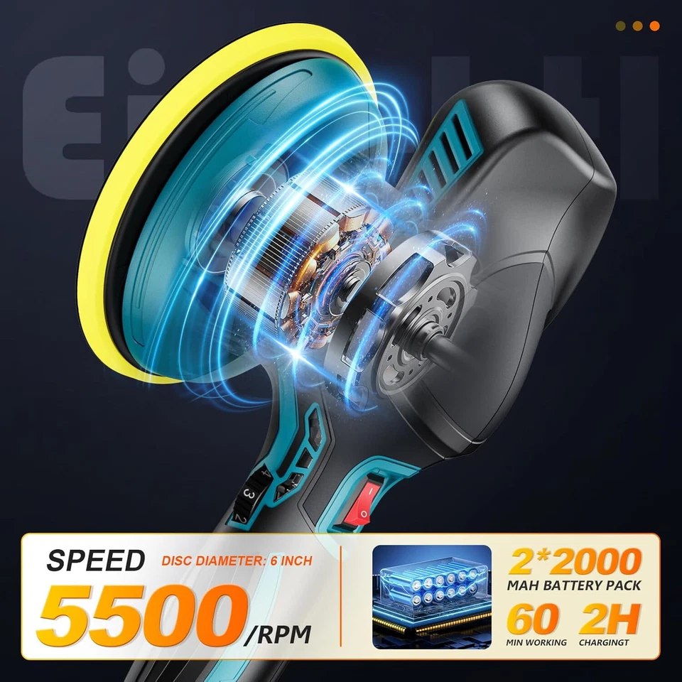 Pulidora eléctrica inalámbrica para coche de 6 pulgadas lijadora eléctrica inalámbrica de 6 velocidades con 2 baterías 21V Foto 4 de 4