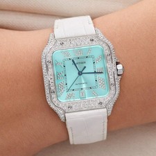 NEW 5TCW Natural Diamond Cartier Santos 40mm Pave Roman Turquoise Dial Watch 4