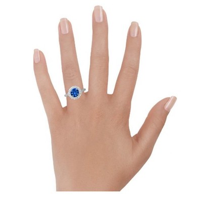 1.65  Ct Round Natural Sapphire Diamond Engagement Ring 14K White Gold Size 8.5