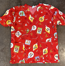 Disney Mickey Mouse Christmas Scrub Top Red Holiday Print Pockets Size M