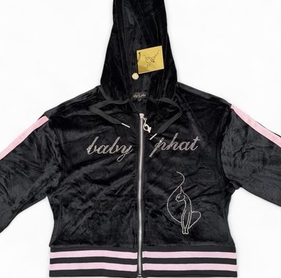 Baby Phat Women s Black/Pink Velour Full Zip up Hooded Hoodie Rhinestone Cat M
