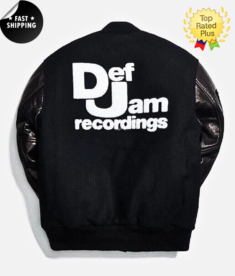 Chaqueta Universitaria Bombardero de Lana Negra Def Jam con Mangas de Cuero de Vaca Genuino