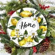 2D Flat, 1pc 7.87x7.87 Inch Aluminum Round Wall Sign with Lemon & Daisy Wreath D