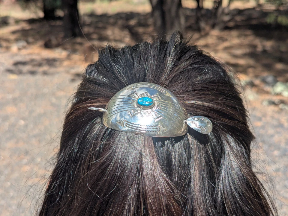 Navajo Handstamped Concho Curved | Turquoise Stone | Hair Pin w/ Stick Accessory - Image 3 of 4