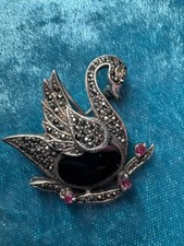 Vintage Alte Brosche Anstecknadel Schwan 925 Silber Markasiten TOP!