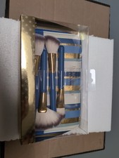 Isaac Mizrahi Brush Set Make Up Blue Stripe Bag Blush Powder Fan New York. New