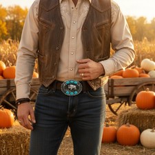 Men Buffalo Ox Dark Silver Metal Western Fashion Belt Buckle Bull Turquoise Blue