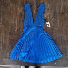 Royal Blue Halter Neck Pleated V Neck Mini Dress Tie Back