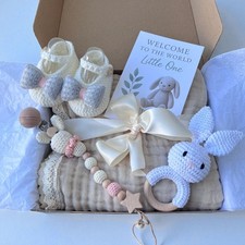 Newborn Baby Gift Box , Muslin Blanket, Booties, Rattle, Pacifier Clip, Baby Box