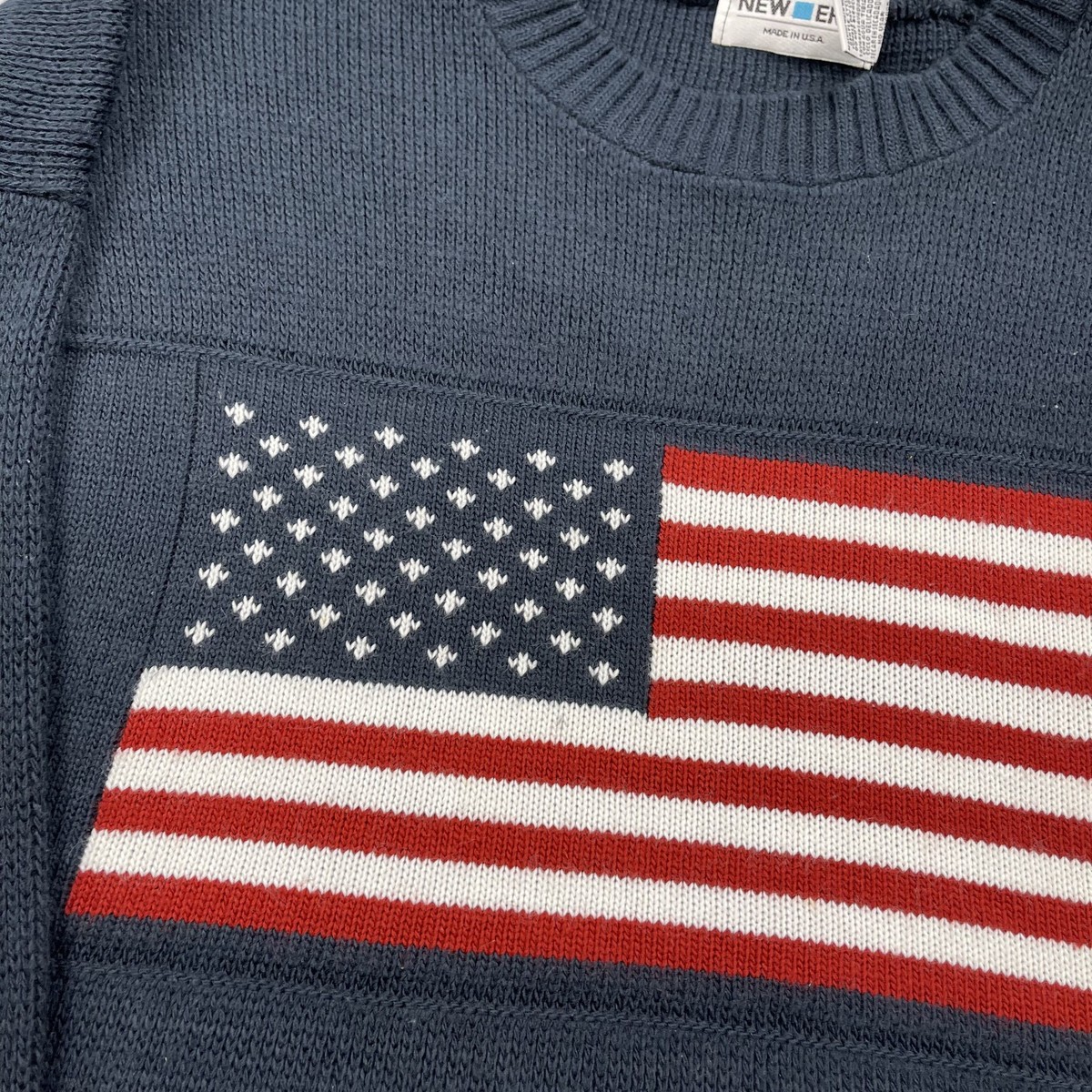 VINTAGE American Flag Sweater Mens Large Blue New Era Crewneck