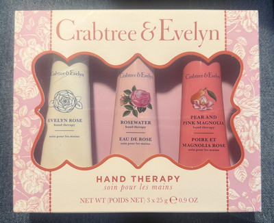 New Crabtree & Evelyn 3 Hand Therapy Box Set Evelyn Rose, Rosewater, Magnolia