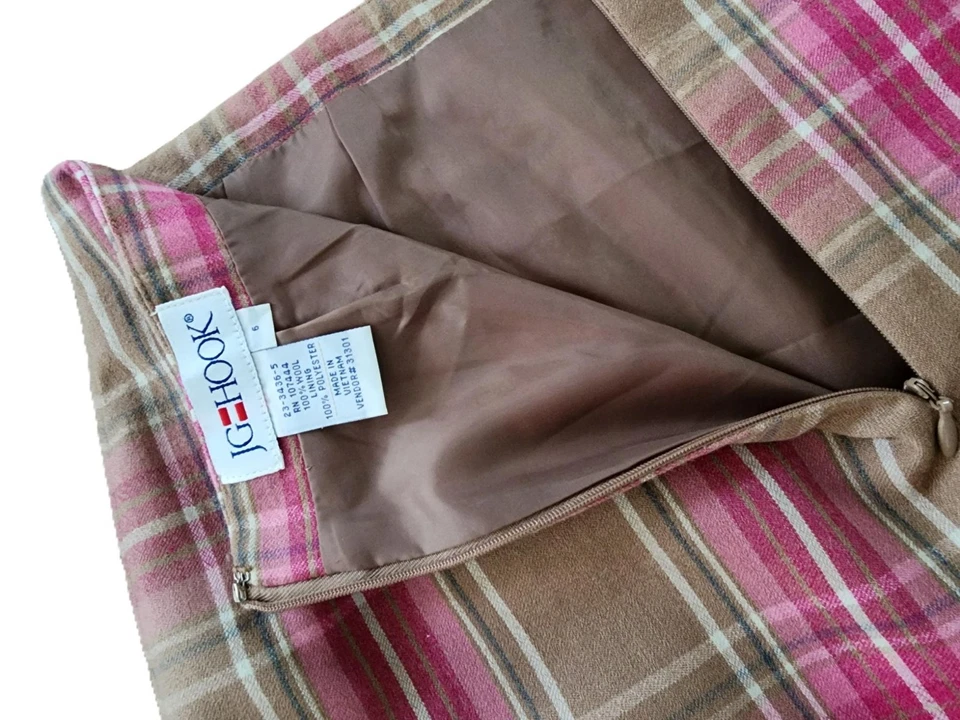 Vintage JG Hook Wool Plaid Pencil Midi Skirt Sz 6 Pink Tan Lined Light Academia Foto 4 de 4