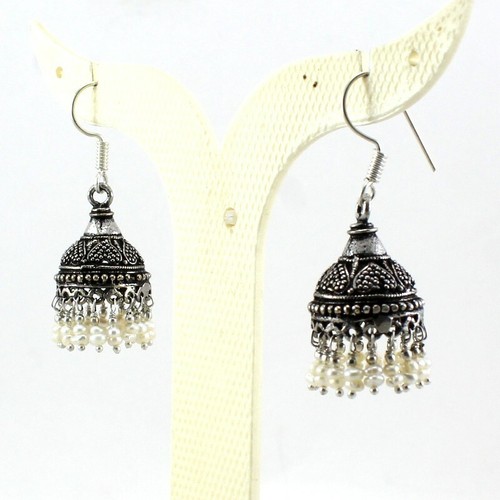Earrings Natural White Water Pearl Gemstone Handmade Beaded Oxidized Jhumki - Picture 2 of 2