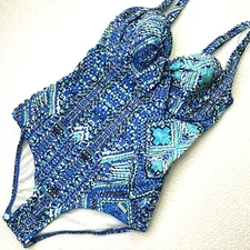 6 D Sunseeker Corset Side Lace-Up Cut Outs One Piece Swimsuit Pinup Blue Print