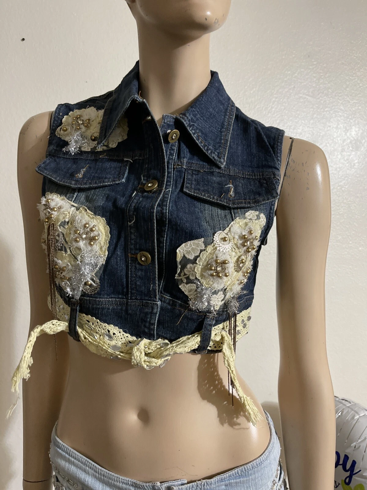 Women’s Blue Denim Cotton Casual Stretch Slim Beaded Lace Button Up Size M Vest