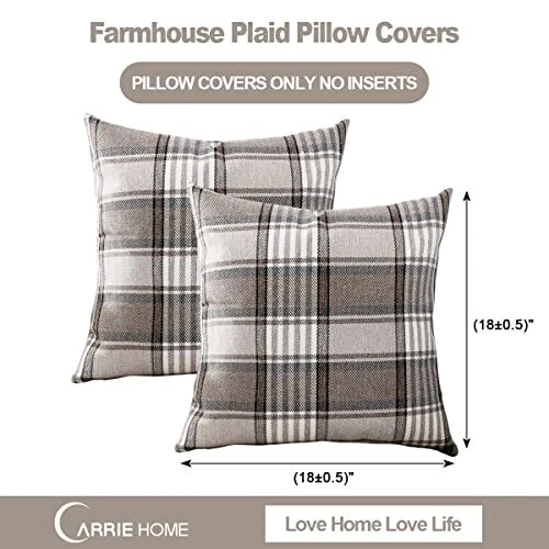 Brown Plaid Pillow Covers 18x18 Set of Square 18 Inches Brown Farmhouse Plaid - Image 4 of 4