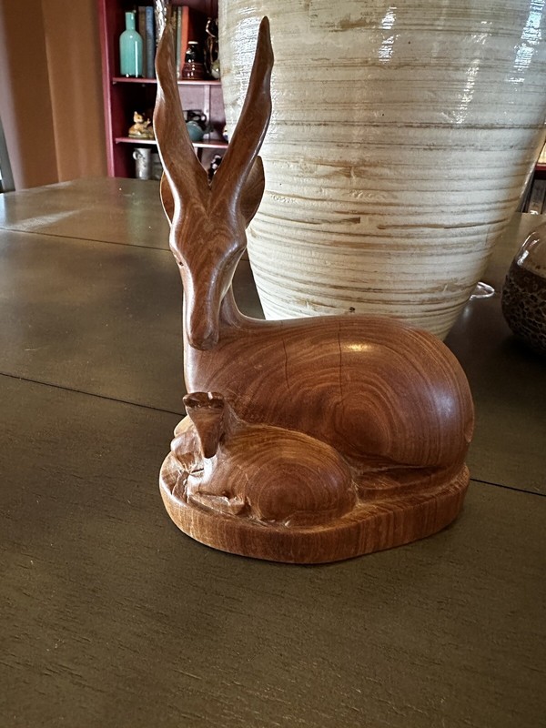 Mid-Century Hand Carved Wood Gazelle Antelope with baby