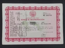 F. Bonds -Republica Peru - Bonos de Reconstruccion 10,000 Soles Oro (Gold Sun)