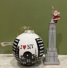 2 Ornaments - “I ❤️ New York” Glass & 1990 Hallmark King Klaus Empire State Bldg
