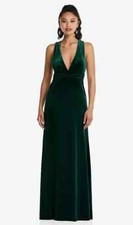 Plunging Neckline Velvet Maxi Dress with Criss Cross Open-Back..TH082..Green..M