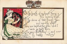Vintage Birthday Postcard woman fireplace heart hearth Kirk