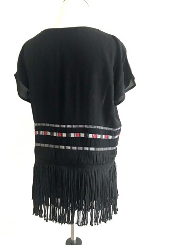 Twelfth Street Cynthia Vincent Embroidered Fringe Top Size S Black V-neck Loose - Picture 5 of 12