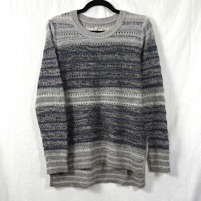 Lucky Brand Sweater Womens Sz M Blue/Gray Striped Open Knit Side Lace Crew Neck