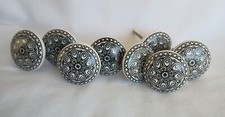 Set of 8 Ceramic Navy White Round Drawer Cupboard Pulls 1.5" Diameter