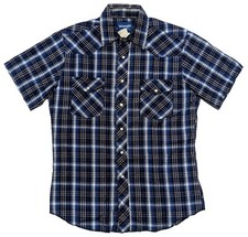 Wrangler Pearl Snap Western Shirt Mens L Short Sleeve Blue Plaid Rockabilly EUC