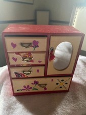VINTAGE WOODEN JEWELRY BOX HAND PAINTED MIRROR DRAWERS