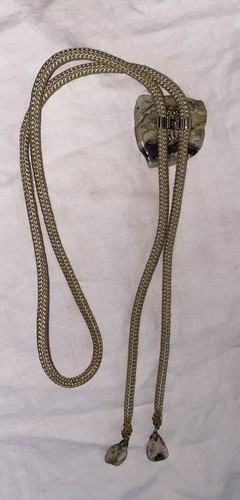 Vintage Bolo Tie Banded Tan Agate Stone Western Rodeo Wear w/ Stones On End - Picture 7 of 7
