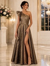 Mac Duggal 67297 Antique Bronze One Shoulder Metallic Ball Gown 14 NEW