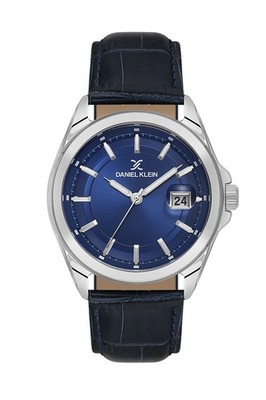 Mens 42mm Quartz Watch Leather Strap Silver / Blue Dial Date calendar, Embossed