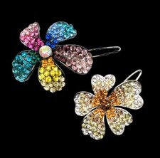 Lot Of 2 Beautiful Crystal Rhinestone Flower Hair Clips Yellow  Multicolor