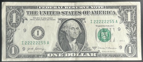 (BINARY/6 IN A ROW!) $1 Quad Double Binary Fancy Serial Number I22222255A - Picture 2 of 3