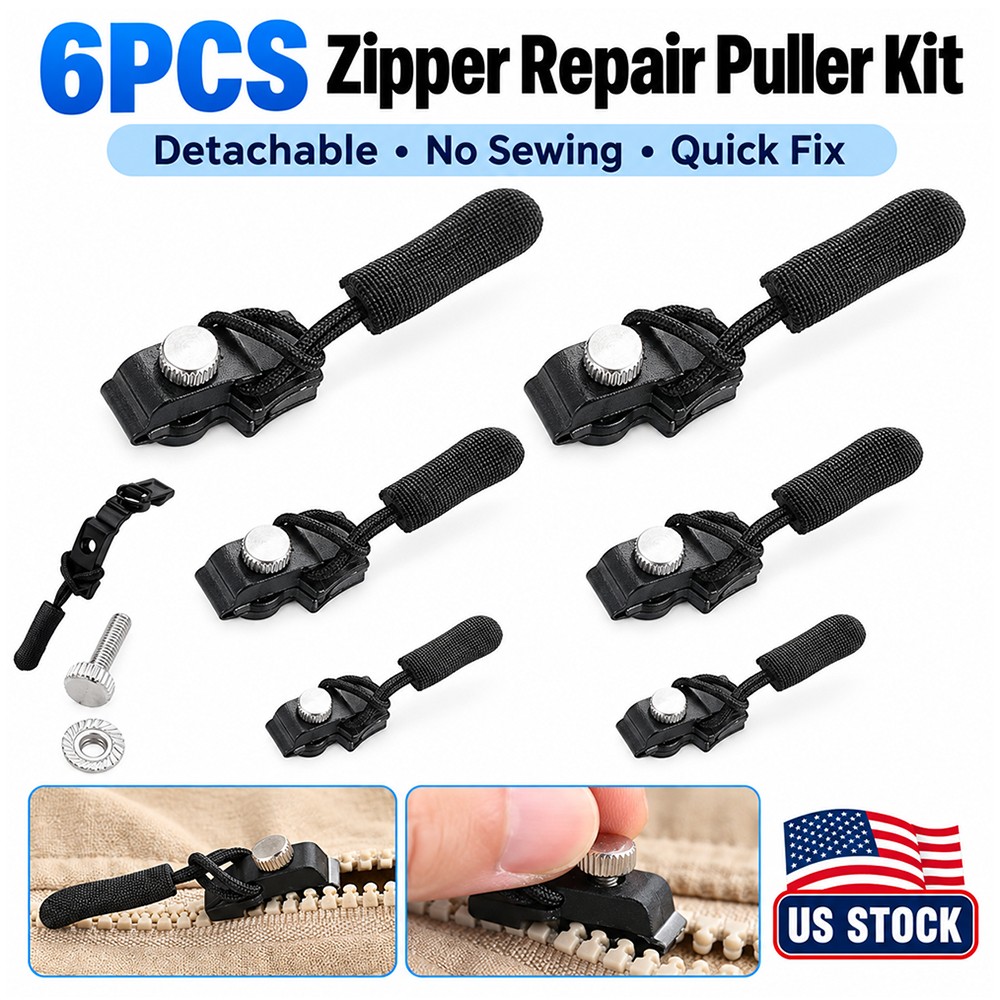 6PCS Zipper Repair Kit Replacement Slider Pull Tab No Sewing 3 Sizes (S, M, L)
