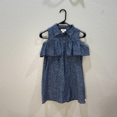 Kate Spade Ruffle Cold Shoulder Chambray Polka Dot Dress 100% Cotton Girls Sz 10