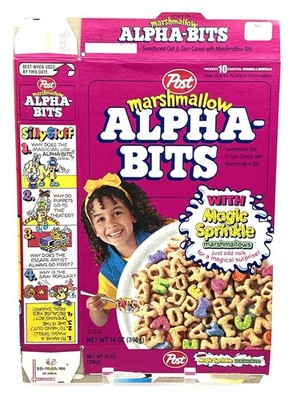 1996 Post Marshmallow Alpha-Bits - MAGIC SPRINKLE Marshmallows (girl) cereal box