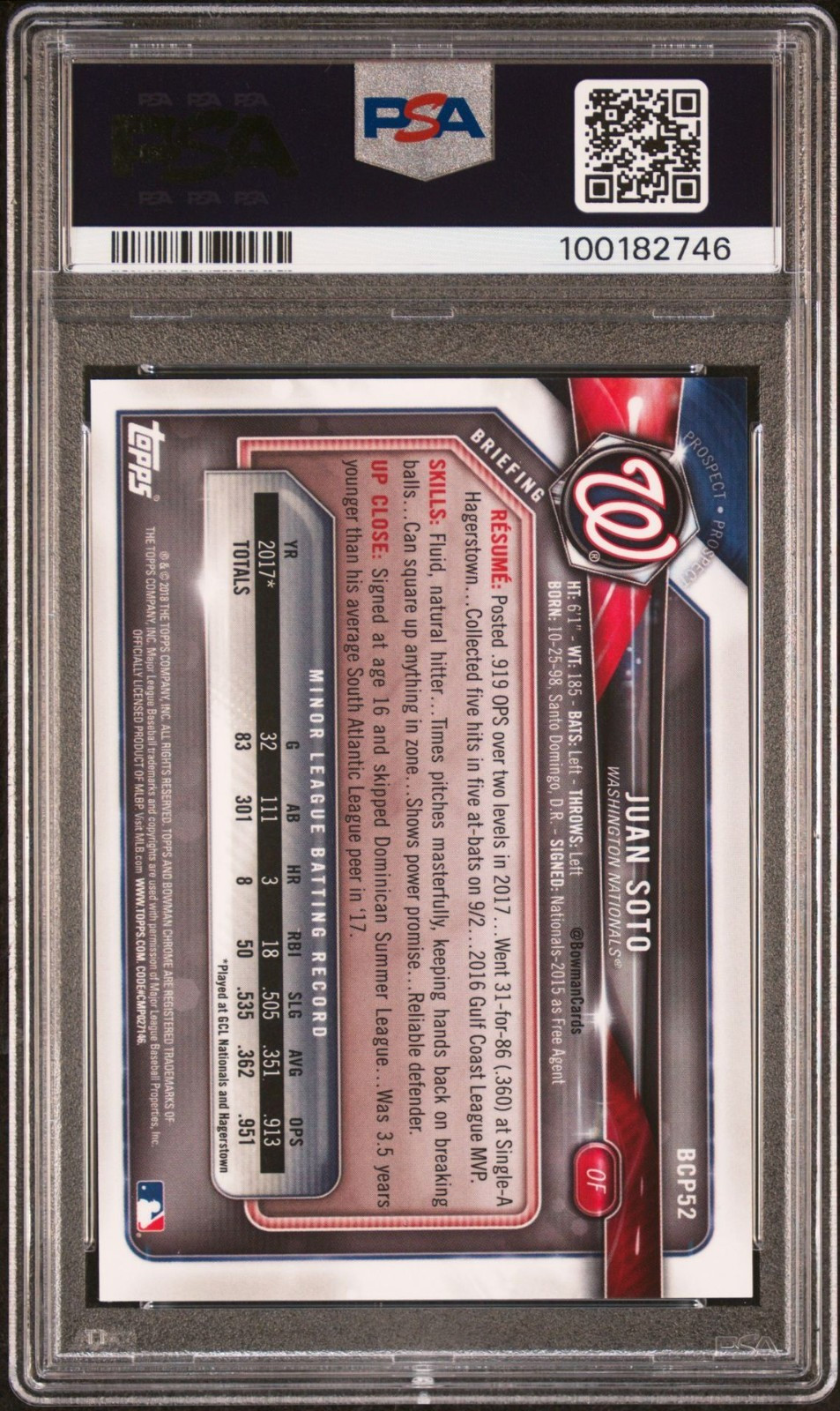 x 2018 Bowman Juan Soto CHROME PROSPECT RC #52, ATOMIC REFRACTOR, PSA 8 POP 5 view 2