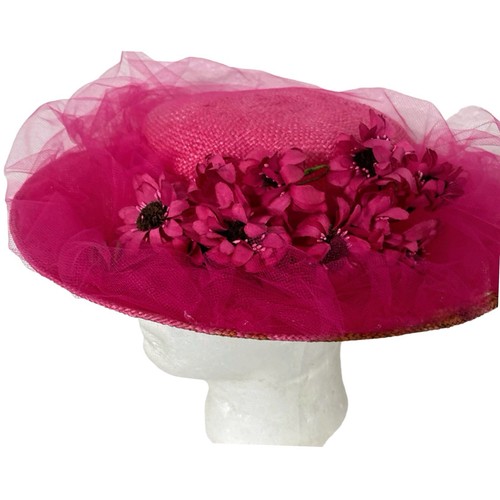 Vintage Miss Bierner Bright Pink Straw Church Hat Ribbon Flowers Netting NWT