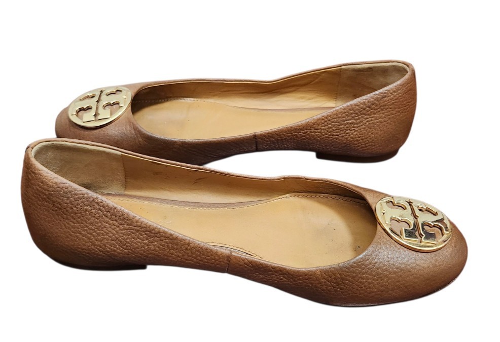 Tory Burch Reva Brown Leather Ballet Flats Gold Logo Women’s Size 6.5 thumbnail 6