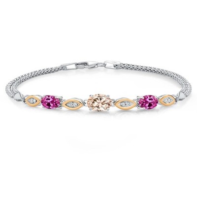 925 Silver and 10K Yellow Gold Peach Morganite and Pink Created Sapphire and