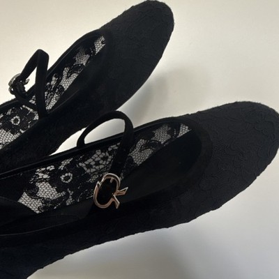 Gianvito Rossi Black Lace Flats Buckle Accent Floral Round Toe Women's Shoes