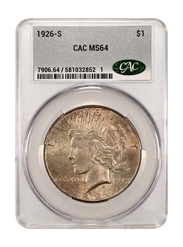 1926-S CACG Silver Peace Dollar MS64 MS-64 CAC PQ Nice Toning Original Look