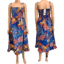 Farm Rio medium smocked poplin tropical beaded tie strap dress D1 2629