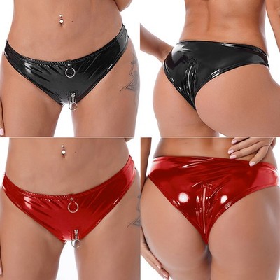 Women's O-Ring Zipper Crotch Low Rise Briefs Shiny PVC Leather Thongs Panties