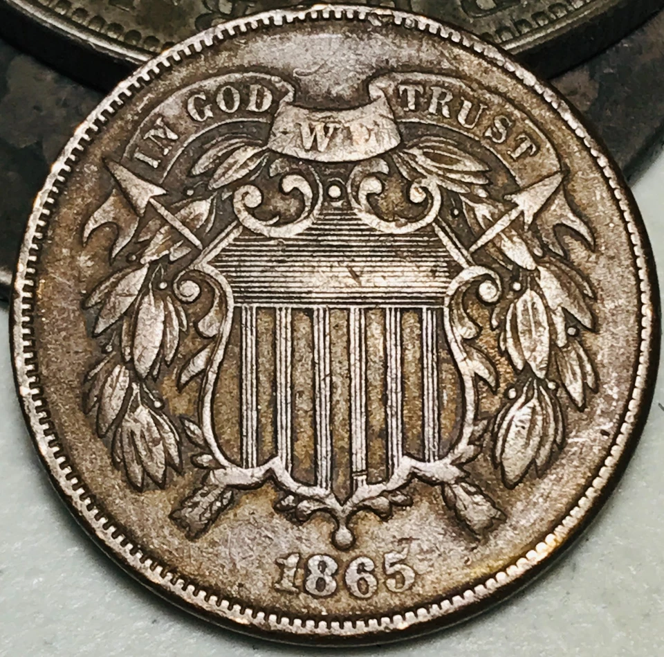 1865 Two Cent Piece 2C FULL MOTTO Civil War Era US Copper Coin CC28211 - Image 3 of 4