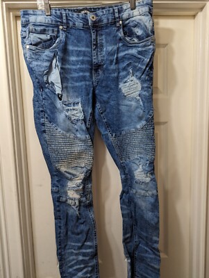 Solutus Moto Jeans Mens 38x32 Blue Denim Slim Leg Distressed