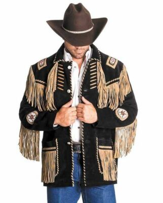 Men Black Suede Western Cowboy Leather Jacket Fringe Bead